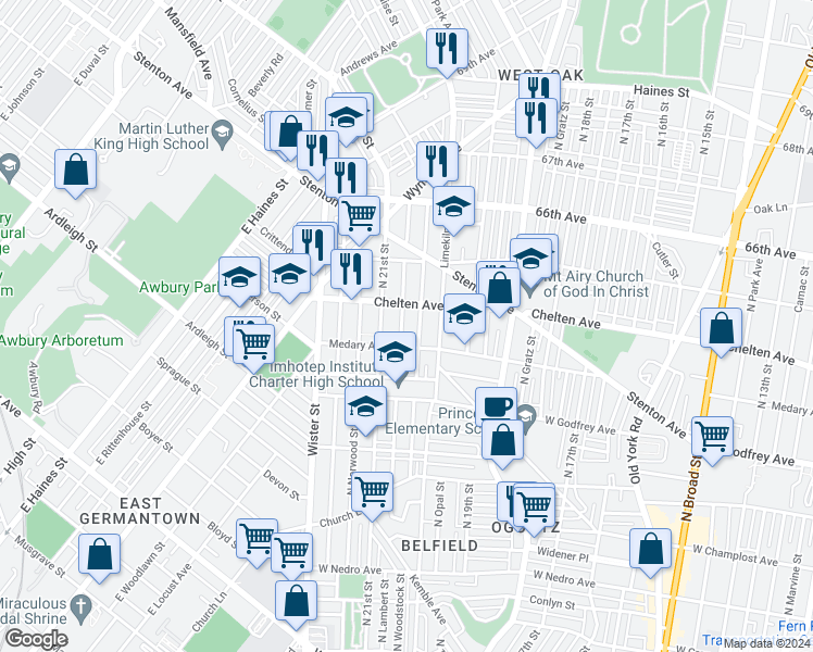 map of restaurants, bars, coffee shops, grocery stores, and more near 6323 North Lambert Street in Philadelphia