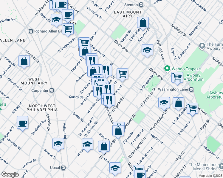 map of restaurants, bars, coffee shops, grocery stores, and more near 60 Montana Street in Philadelphia