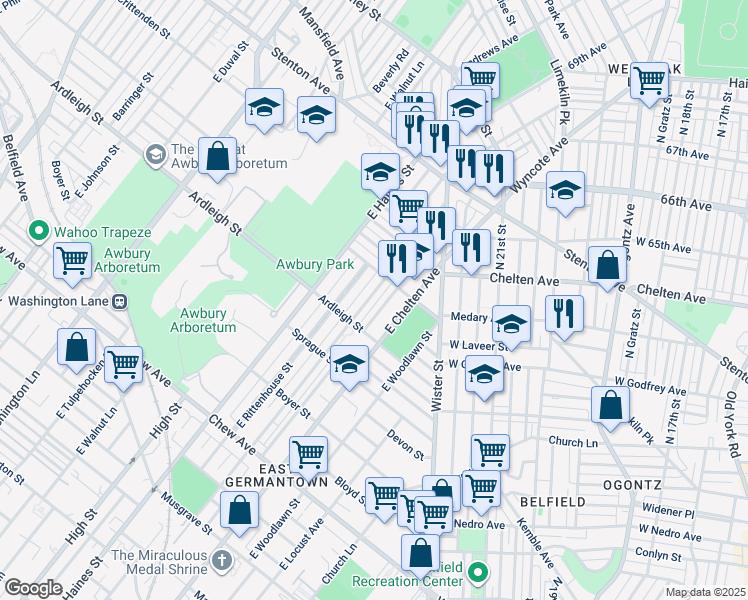 map of restaurants, bars, coffee shops, grocery stores, and more near 1136 East Price Street in Philadelphia