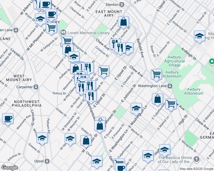 map of restaurants, bars, coffee shops, grocery stores, and more near 140 East Sharpnack Street in Philadelphia
