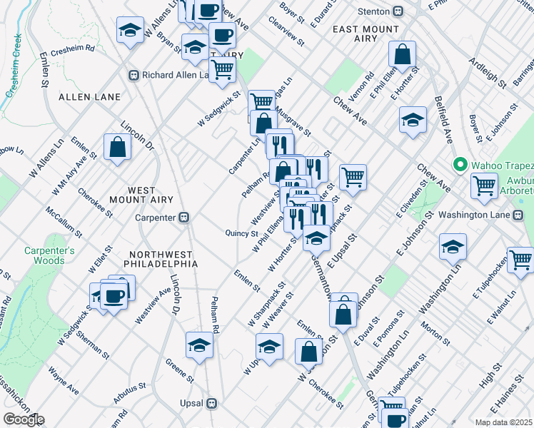 map of restaurants, bars, coffee shops, grocery stores, and more near 32 Westview Street in Philadelphia