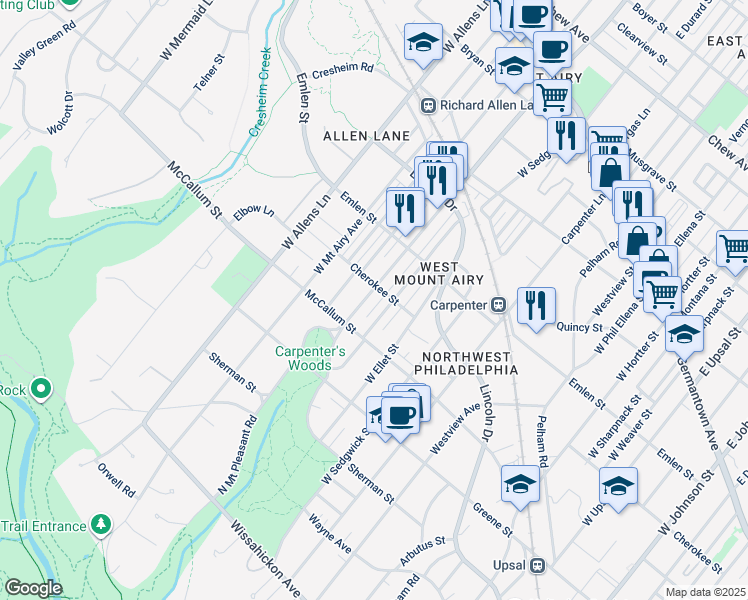 map of restaurants, bars, coffee shops, grocery stores, and more near 506 West Mount Pleasant Avenue in Philadelphia