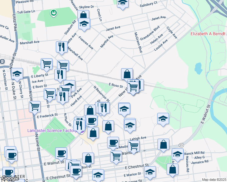 map of restaurants, bars, coffee shops, grocery stores, and more near 744 Hamilton Street in Lancaster