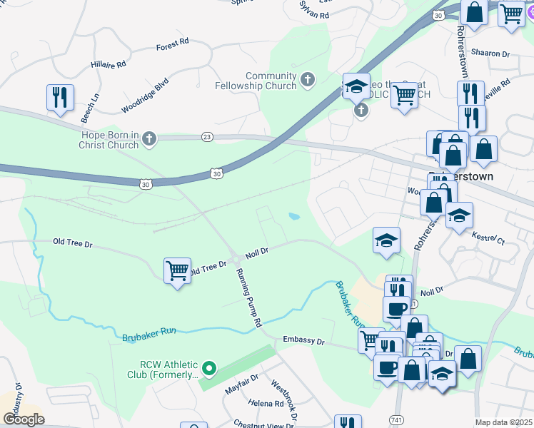 map of restaurants, bars, coffee shops, grocery stores, and more near 135 South Spring Circle in Lancaster