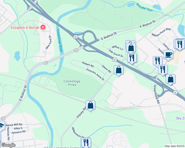 map of restaurants, bars, coffee shops, grocery stores, and more near 1622 Princess Anne Drive in Lancaster