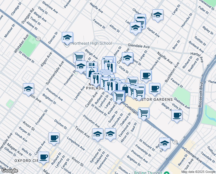 map of restaurants, bars, coffee shops, grocery stores, and more near 7301 Castor Avenue in Philadelphia