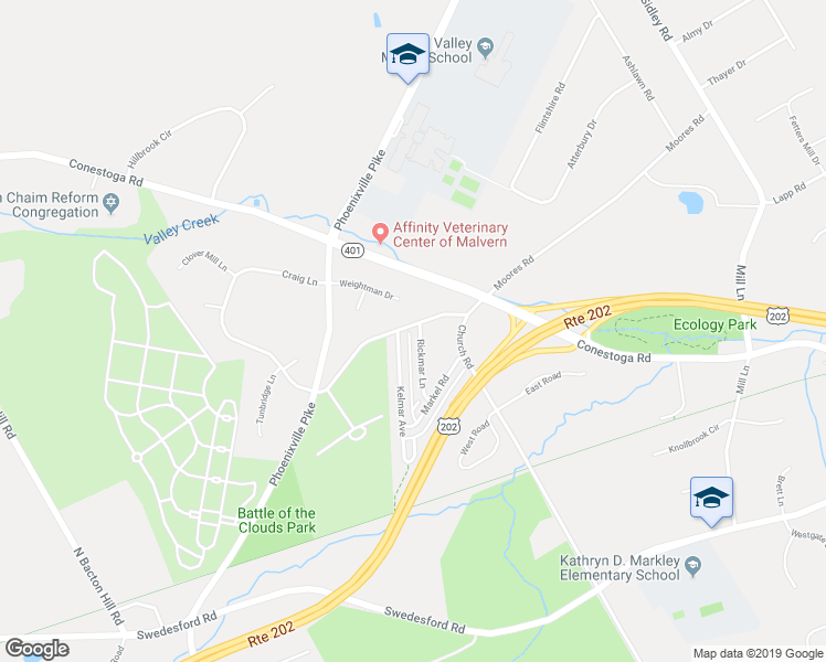 map of restaurants, bars, coffee shops, grocery stores, and more near 8 Rickmar Lane in Malvern