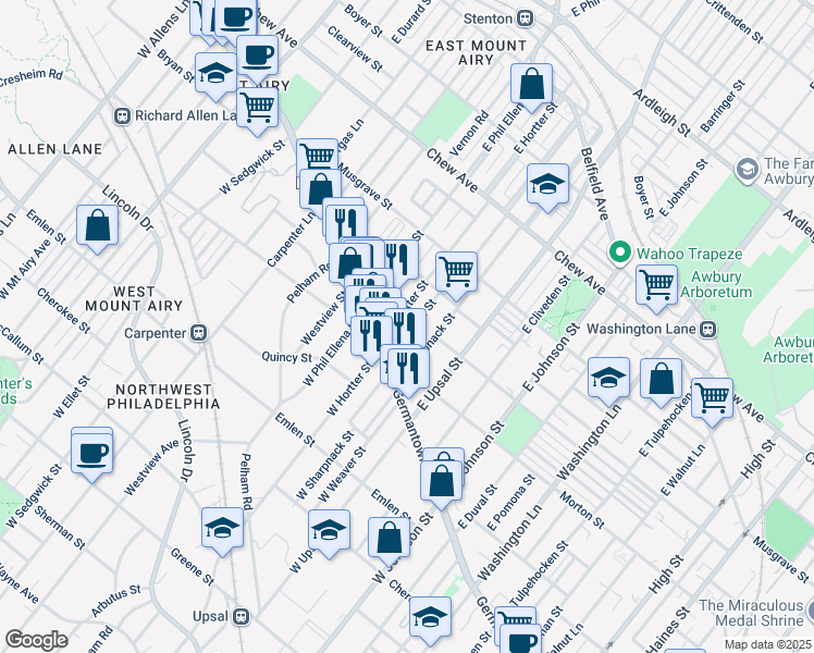 map of restaurants, bars, coffee shops, grocery stores, and more near 55 Montana Street in Philadelphia