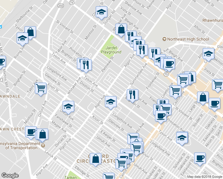 map of restaurants, bars, coffee shops, grocery stores, and more near 1104 Brighton Street in Philadelphia