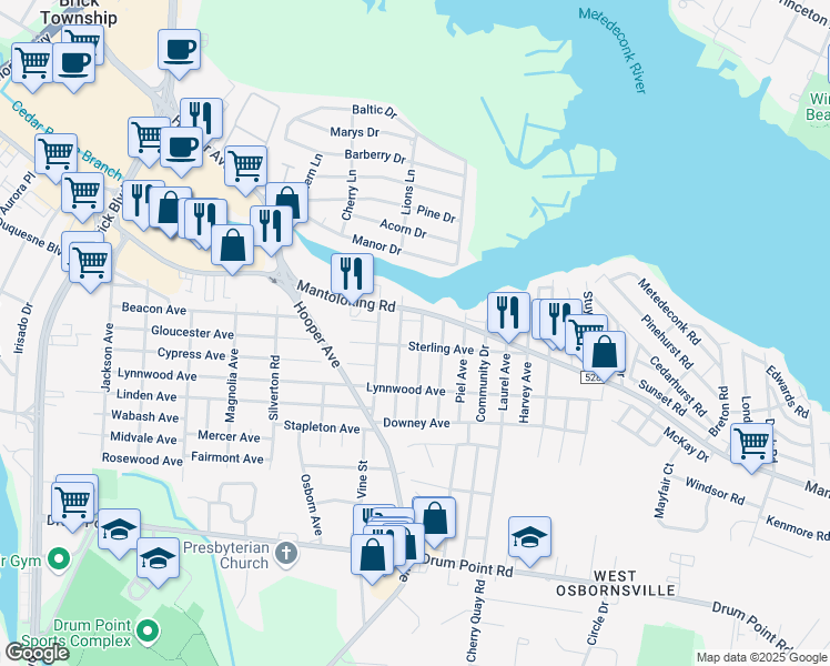 map of restaurants, bars, coffee shops, grocery stores, and more near 825 Mantoloking Road in Brick Township