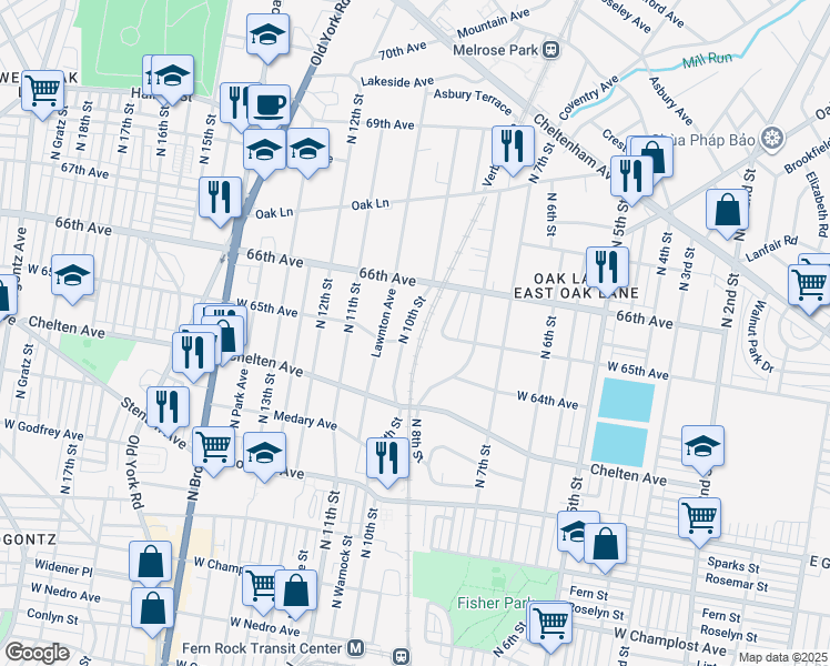map of restaurants, bars, coffee shops, grocery stores, and more near 6513 North 10th Street in Philadelphia