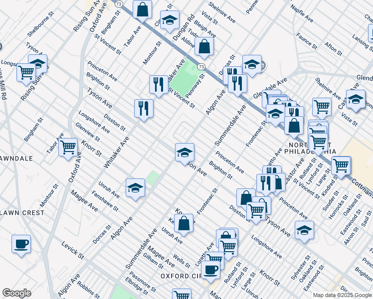 map of restaurants, bars, coffee shops, grocery stores, and more near 1104 Brighton Street in Philadelphia