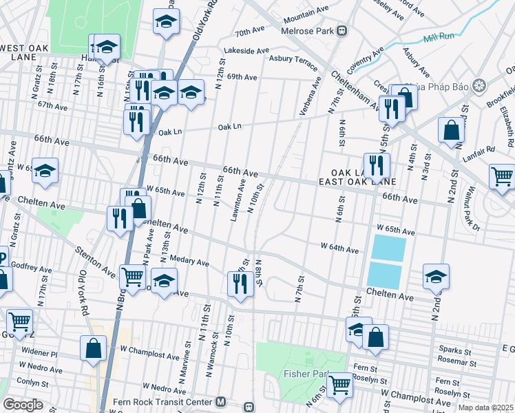 map of restaurants, bars, coffee shops, grocery stores, and more near 6513 North 10th Street in Philadelphia