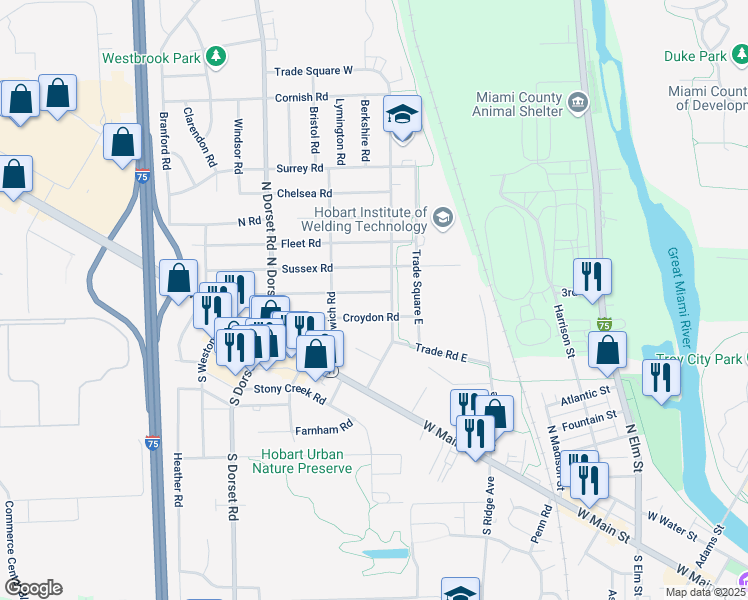 map of restaurants, bars, coffee shops, grocery stores, and more near 1303 Covent Road in Troy