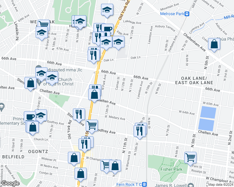 map of restaurants, bars, coffee shops, grocery stores, and more near 6441 North Camac Street in Philadelphia