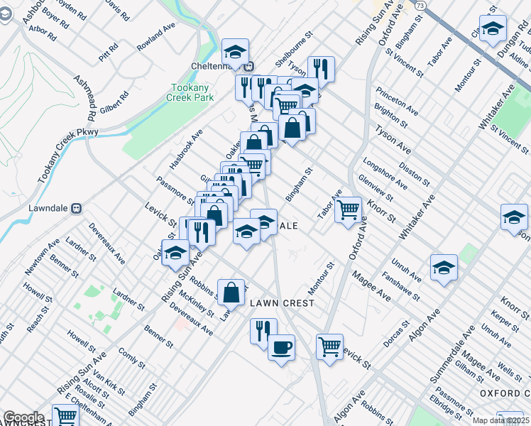 map of restaurants, bars, coffee shops, grocery stores, and more near 6550 Martins Mill Road in Philadelphia
