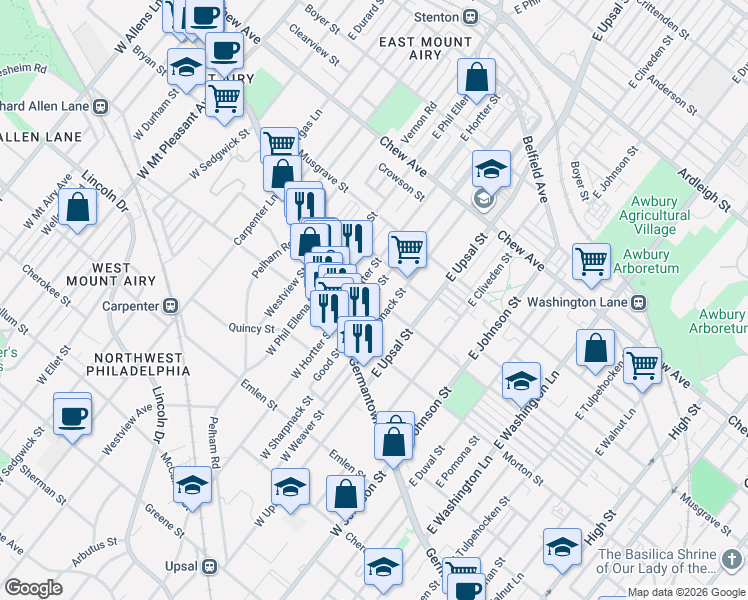 map of restaurants, bars, coffee shops, grocery stores, and more near 79 Montana Street in Philadelphia