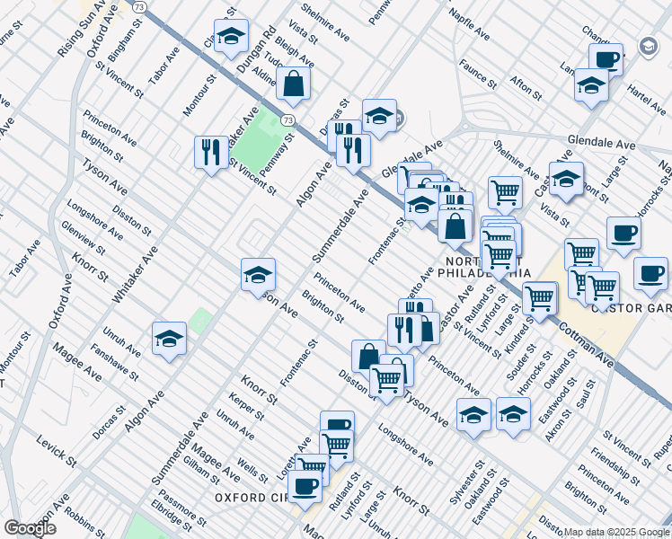 map of restaurants, bars, coffee shops, grocery stores, and more near 1222 Friendship Street in Philadelphia