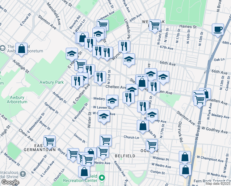 map of restaurants, bars, coffee shops, grocery stores, and more near 2034 East Chelten Avenue in Philadelphia