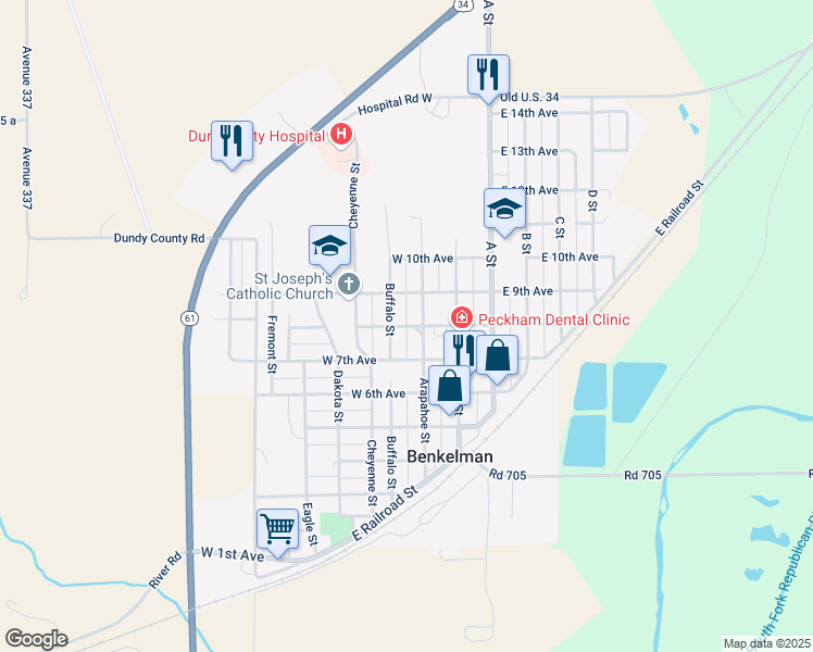 map of restaurants, bars, coffee shops, grocery stores, and more near 252 West 8th Avenue in Benkelman