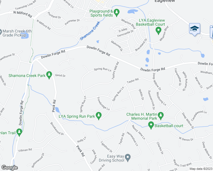 map of restaurants, bars, coffee shops, grocery stores, and more near 114 Taylors Mill Road in Downingtown