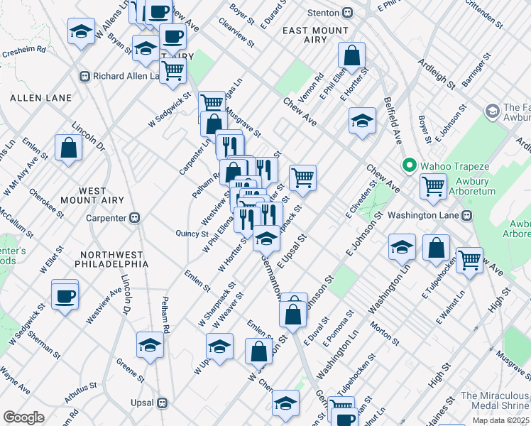 map of restaurants, bars, coffee shops, grocery stores, and more near 22 East Hortter Street in Philadelphia