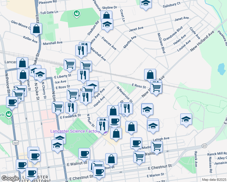 map of restaurants, bars, coffee shops, grocery stores, and more near 643 East Frederick Street in Lancaster