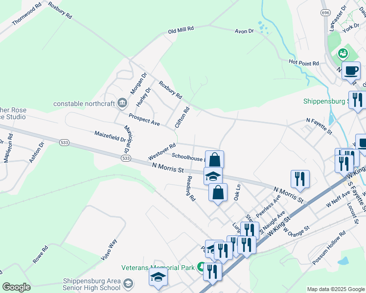 map of restaurants, bars, coffee shops, grocery stores, and more near 510 Westover Road in Shippensburg