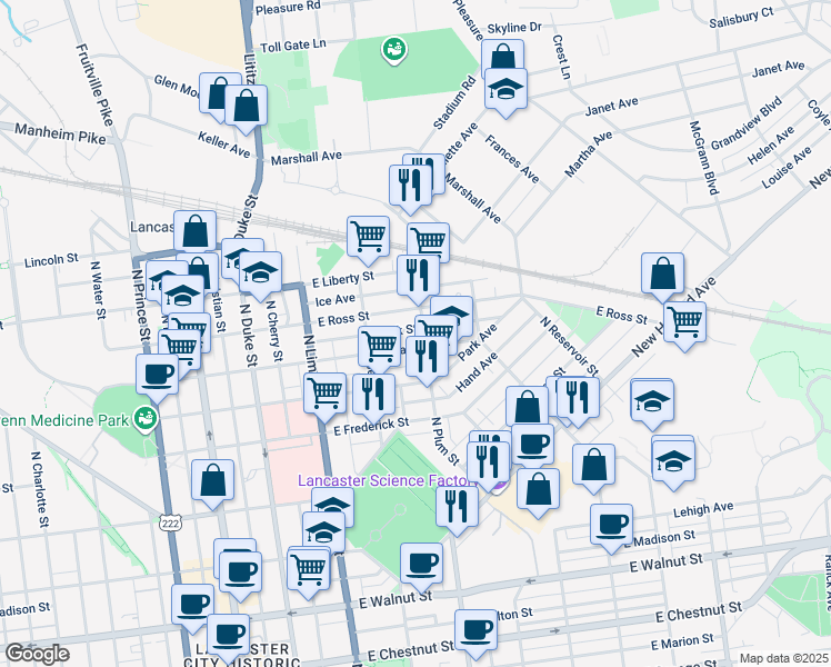 map of restaurants, bars, coffee shops, grocery stores, and more near 814 North Plum Street in Lancaster