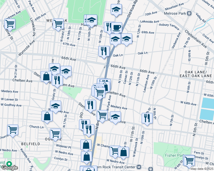 map of restaurants, bars, coffee shops, grocery stores, and more near 6439 North Broad Street in Philadelphia
