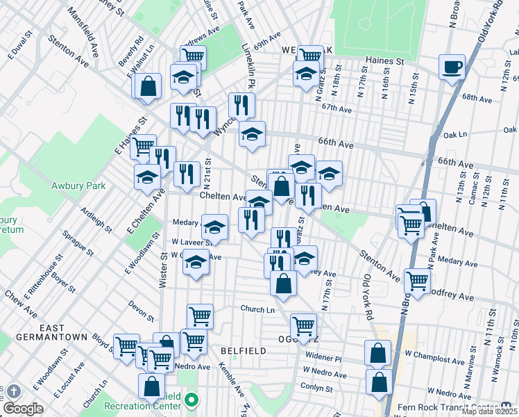 map of restaurants, bars, coffee shops, grocery stores, and more near 6340 North Opal Street in Philadelphia