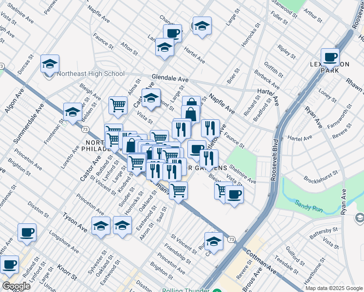 map of restaurants, bars, coffee shops, grocery stores, and more near 7400 Bustleton Avenue in Philadelphia