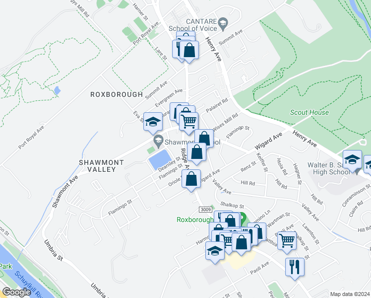 map of restaurants, bars, coffee shops, grocery stores, and more near 7611 Ridge Avenue in Philadelphia