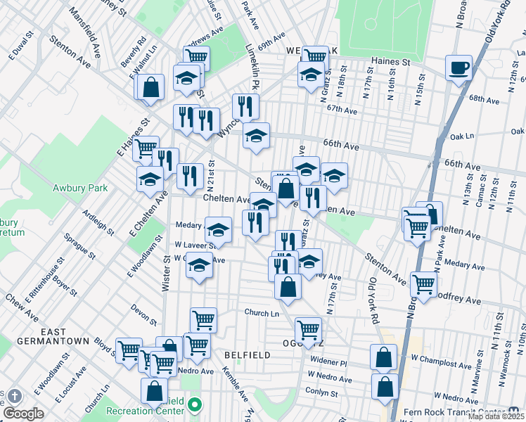 map of restaurants, bars, coffee shops, grocery stores, and more near 6340 North Opal Street in Philadelphia