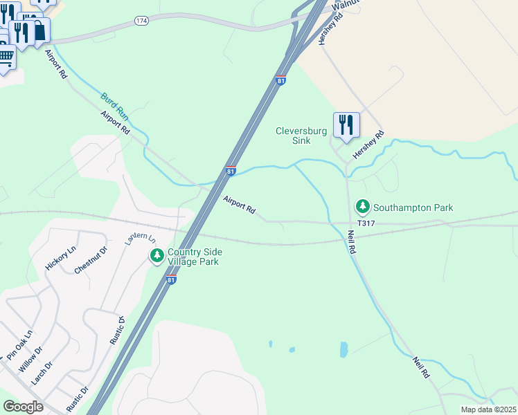 map of restaurants, bars, coffee shops, grocery stores, and more near 118 Airport Road in Shippensburg