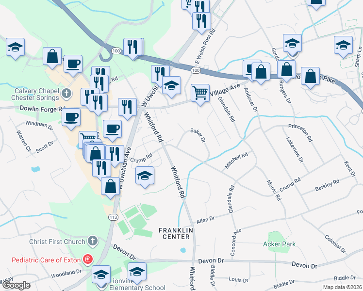 map of restaurants, bars, coffee shops, grocery stores, and more near 103 Crump Road in Exton