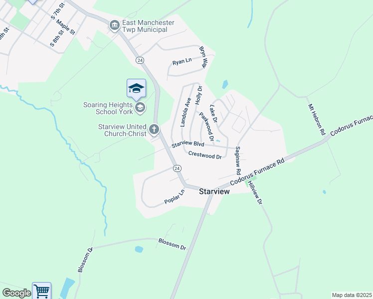map of restaurants, bars, coffee shops, grocery stores, and more near 160 Crestwood Drive in Mount Wolf