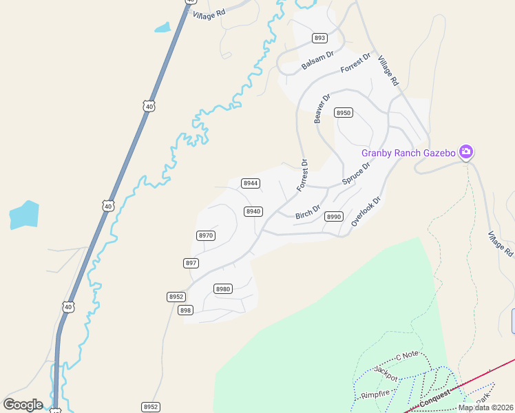 map of restaurants, bars, coffee shops, grocery stores, and more near 130 County Road 893 in Granby