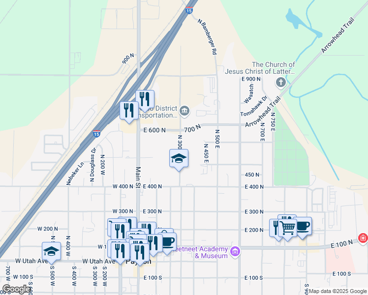 map of restaurants, bars, coffee shops, grocery stores, and more near 596 North 300 East in Payson