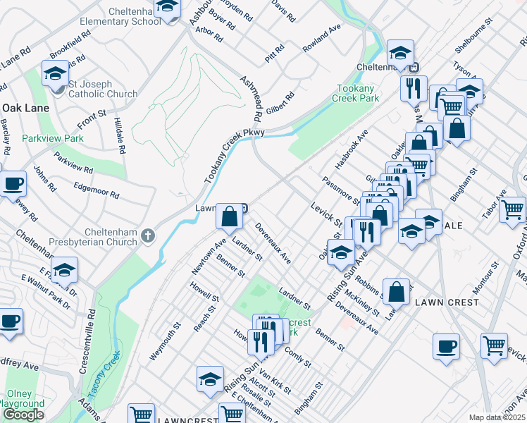map of restaurants, bars, coffee shops, grocery stores, and more near 207 Robbins Street in Philadelphia