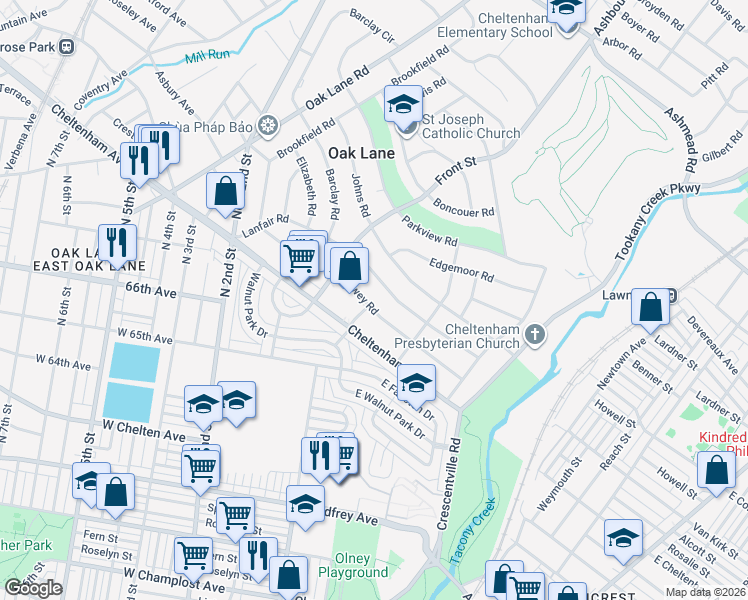 map of restaurants, bars, coffee shops, grocery stores, and more near 38 Lanfair Road in Montgomery County