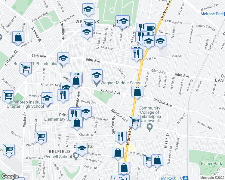 map of restaurants, bars, coffee shops, grocery stores, and more near 6418 North 16th Street in Philadelphia