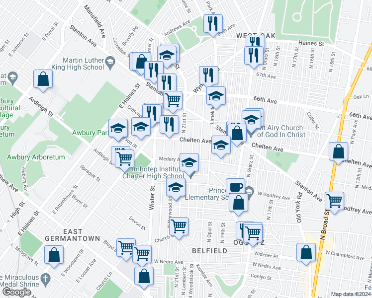 map of restaurants, bars, coffee shops, grocery stores, and more near 2034 East Chelten Avenue in Philadelphia