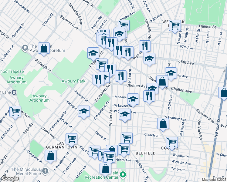map of restaurants, bars, coffee shops, grocery stores, and more near 6335 Wister Street in Philadelphia
