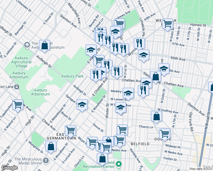 map of restaurants, bars, coffee shops, grocery stores, and more near 6335 Wister Street in Philadelphia