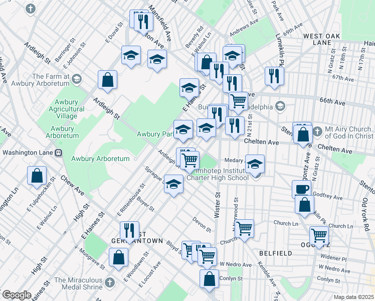 map of restaurants, bars, coffee shops, grocery stores, and more near 1154 East Price Street in Philadelphia