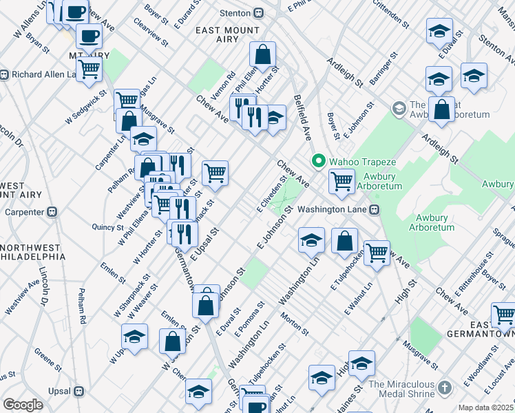 map of restaurants, bars, coffee shops, grocery stores, and more near 263 East Cliveden Street in Philadelphia