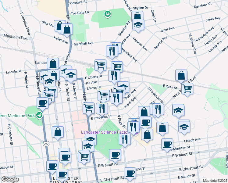 map of restaurants, bars, coffee shops, grocery stores, and more near 814 North Plum Street in Lancaster