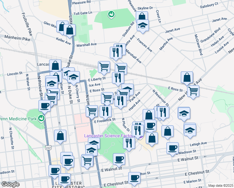 map of restaurants, bars, coffee shops, grocery stores, and more near 408 Rock Street in Lancaster