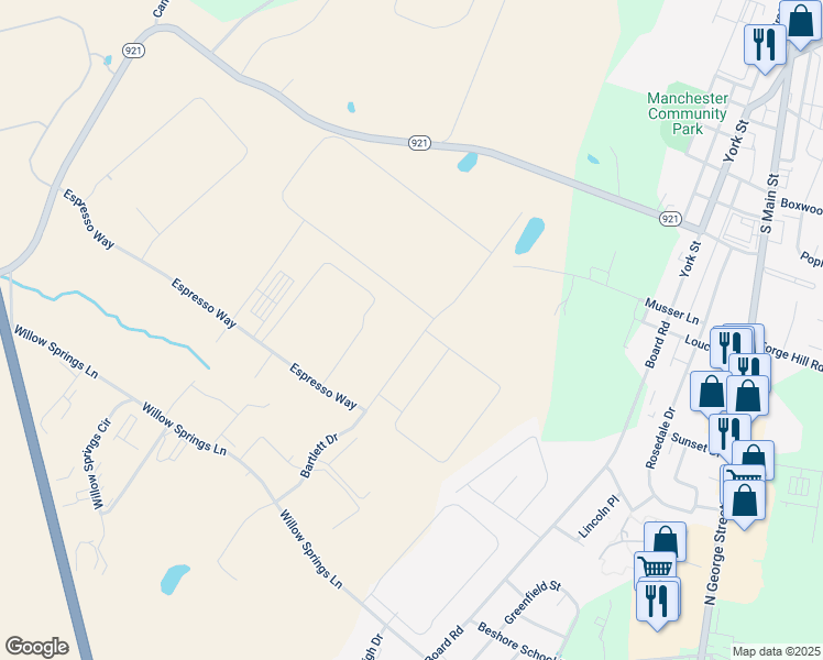 map of restaurants, bars, coffee shops, grocery stores, and more near 1605 Bartlett Drive in York